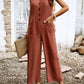 Fashion Sleeveless Linen Jumpsuit with Button Design, Wide Leg Pants