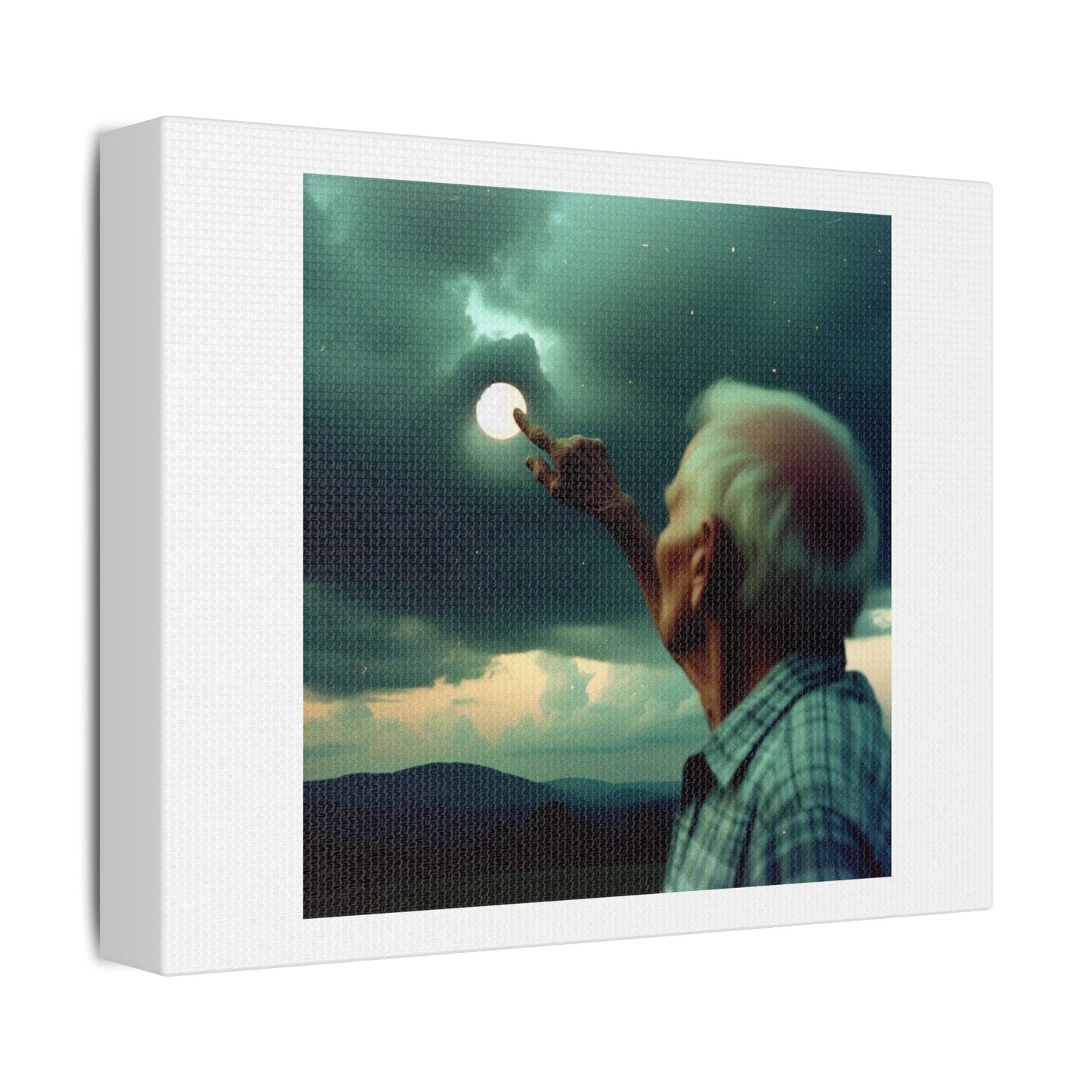 Man Places His Finger Through a Portal in the Sky 'Designed by AI' Art Print on Canvas