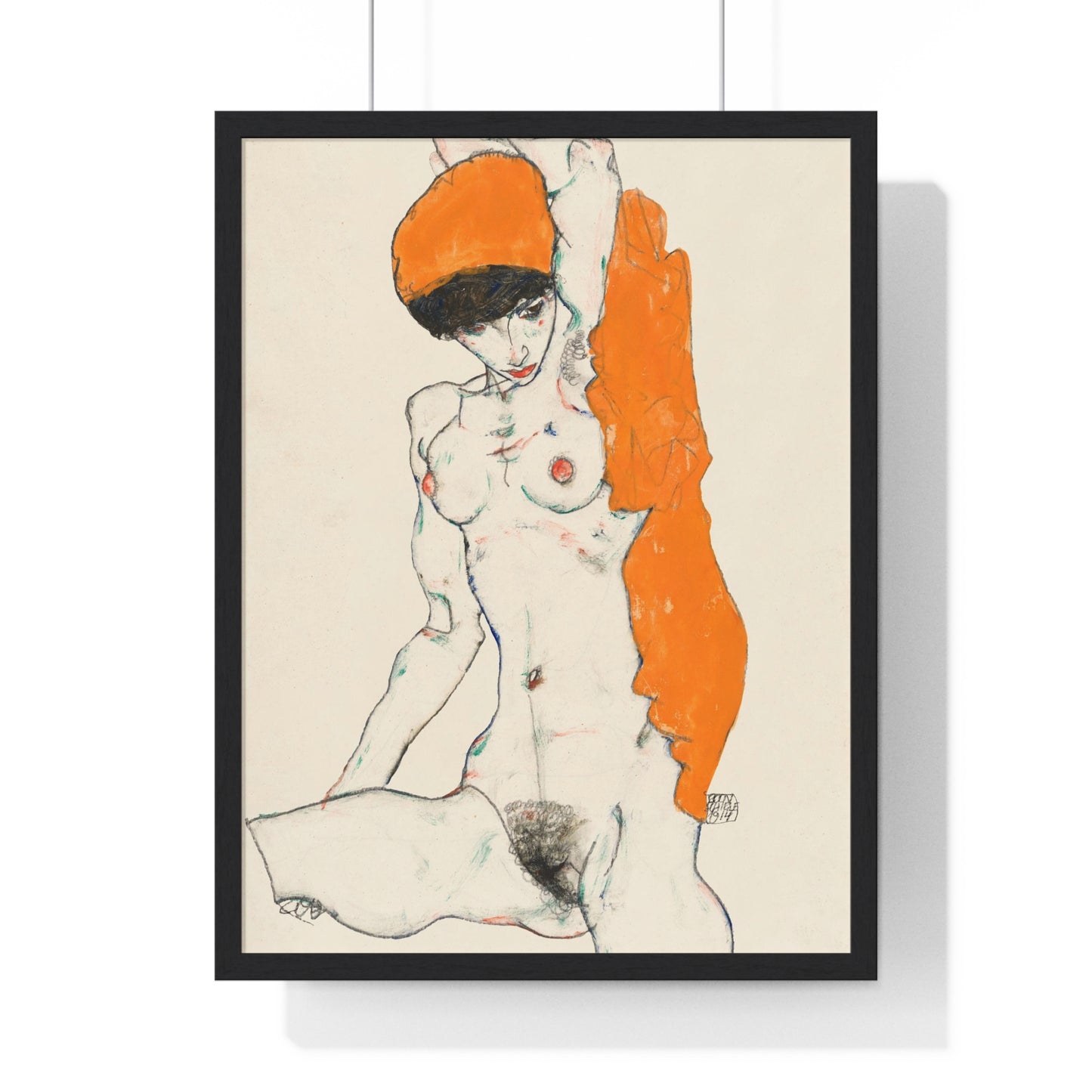 Standing Nude with Orange Drapery (1914) Line Art by Egon Schiele from the Original, Framed Art Print