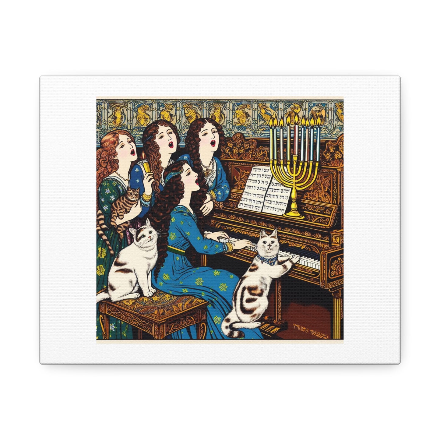 Art Print 'Women Singing Around Piano With Cats Byzantine Japanese Woodblock Scene' Designed by AI on Satin Canvas