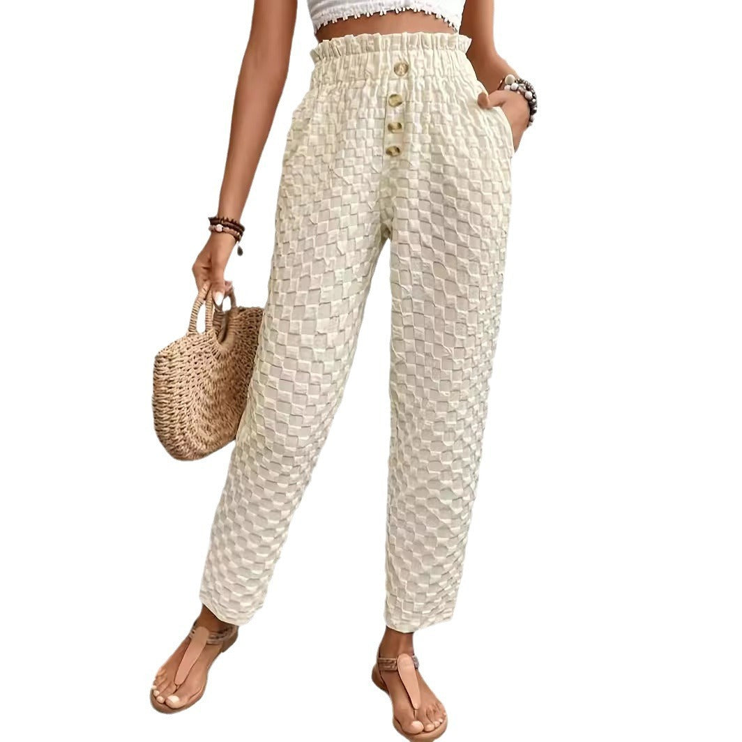 Women's Slim-Fit Buttoned Straight Loose Checker Weave Trousers