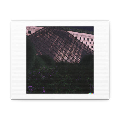 Photorealistic Render of The Louvre Pyramid Covered in Overgrown Vines, Evening Light 'Designed by AI' on Canvas