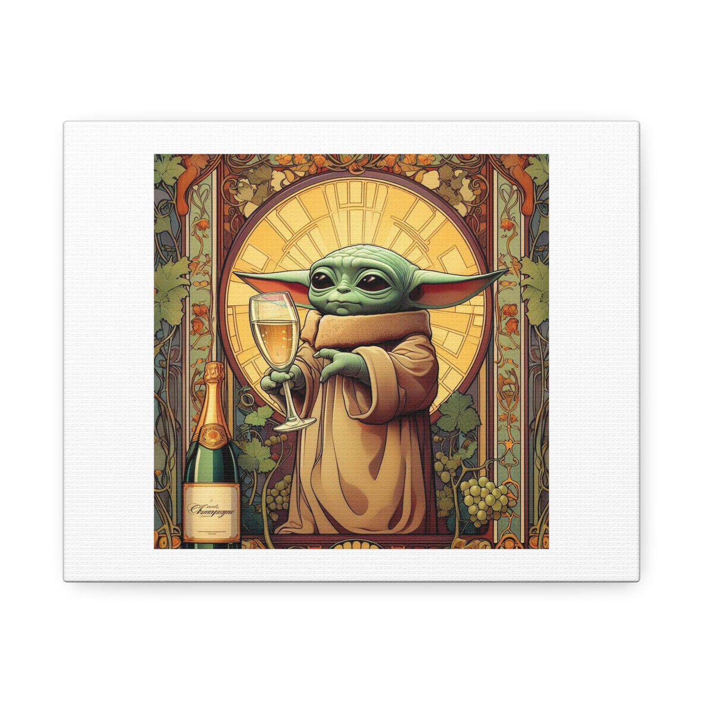 Art Nouveau Style Baby Yoda With Glass of Champagne in His Hand Art Print ' Designed by AI' on Satin Canvas