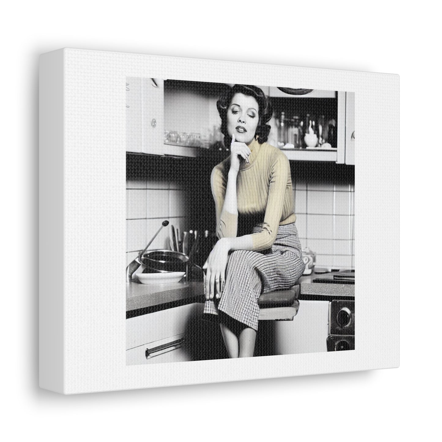 1960s Kitchen Sink Drama Woman Sitting On a Stool in the Kitchen 'Designed by AI' Art Print on Canvas