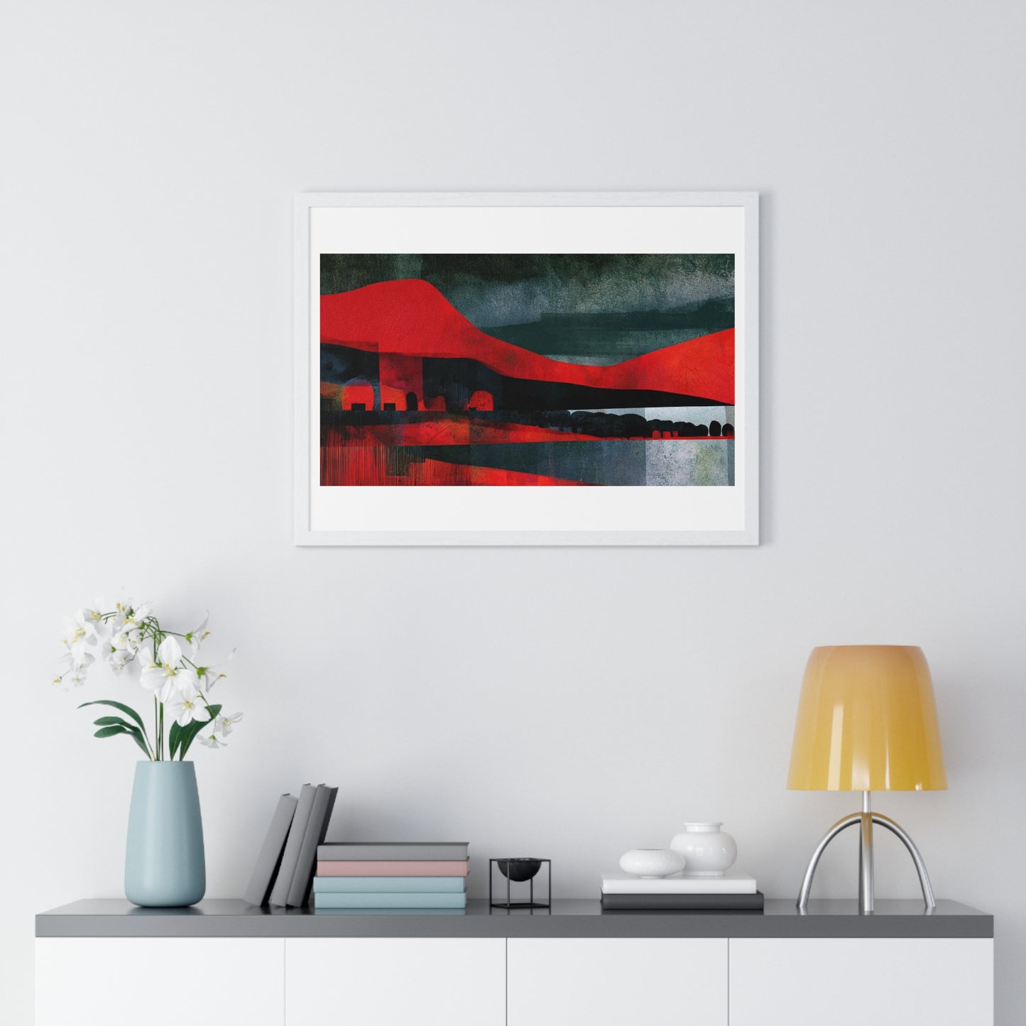 Unreal Landscape, Red and Grey Decor Art, Large Framed Print