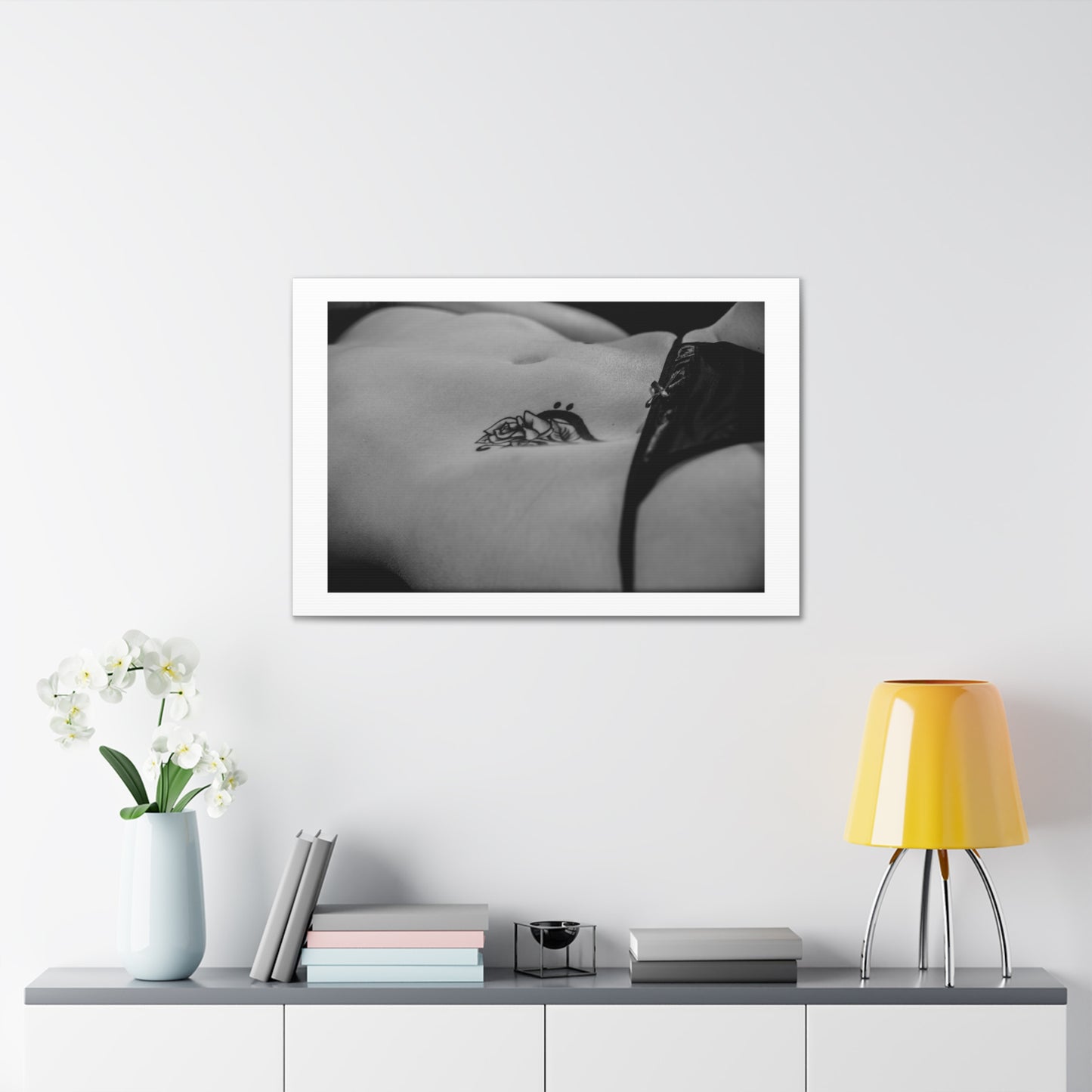 Rose Tattoo on Belly Black & White Photographic Art Print on Satin Canvas