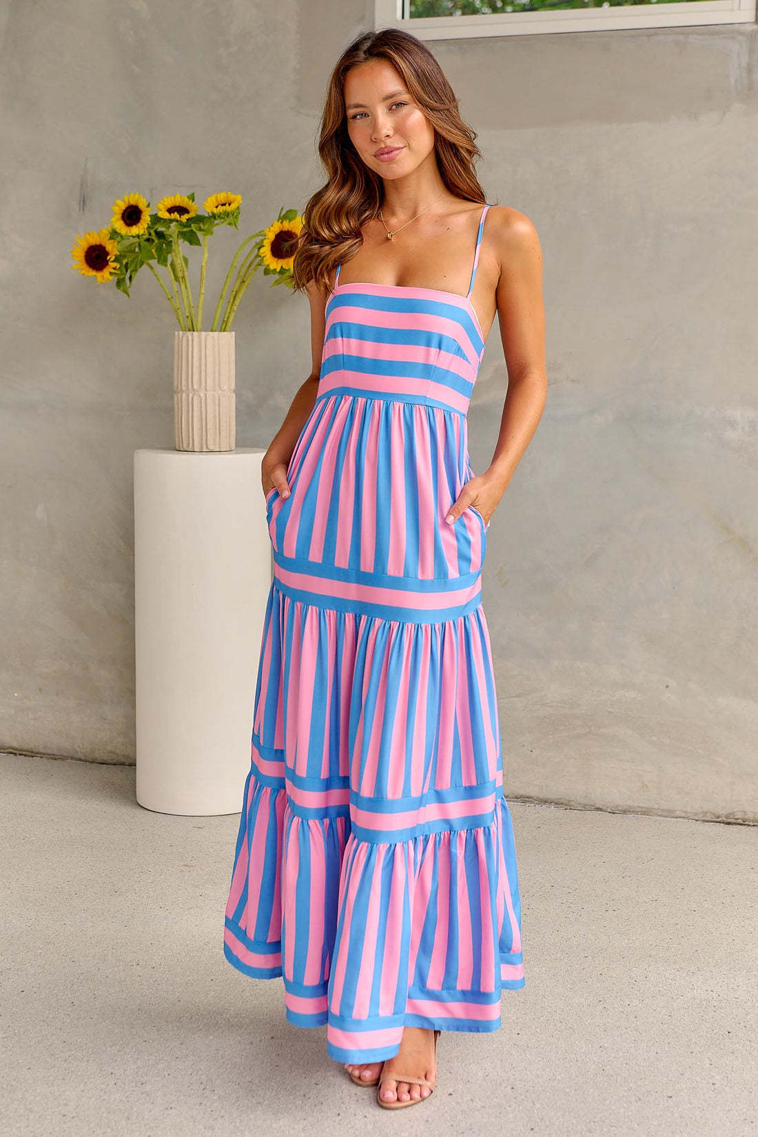 Vireous Summer Fresh Striped Print Suspender Long Dress, with Pockets