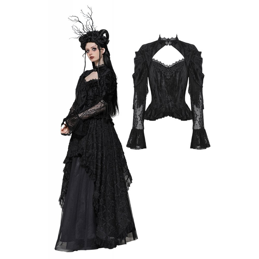 Dark in Love Fleur Gothic Rose-Embossed Velvet Long-Sleeve Top