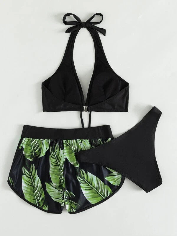 Three-Piece Leaf Print Bikini with Shorts, Fashion Summer Beach Swimsuit