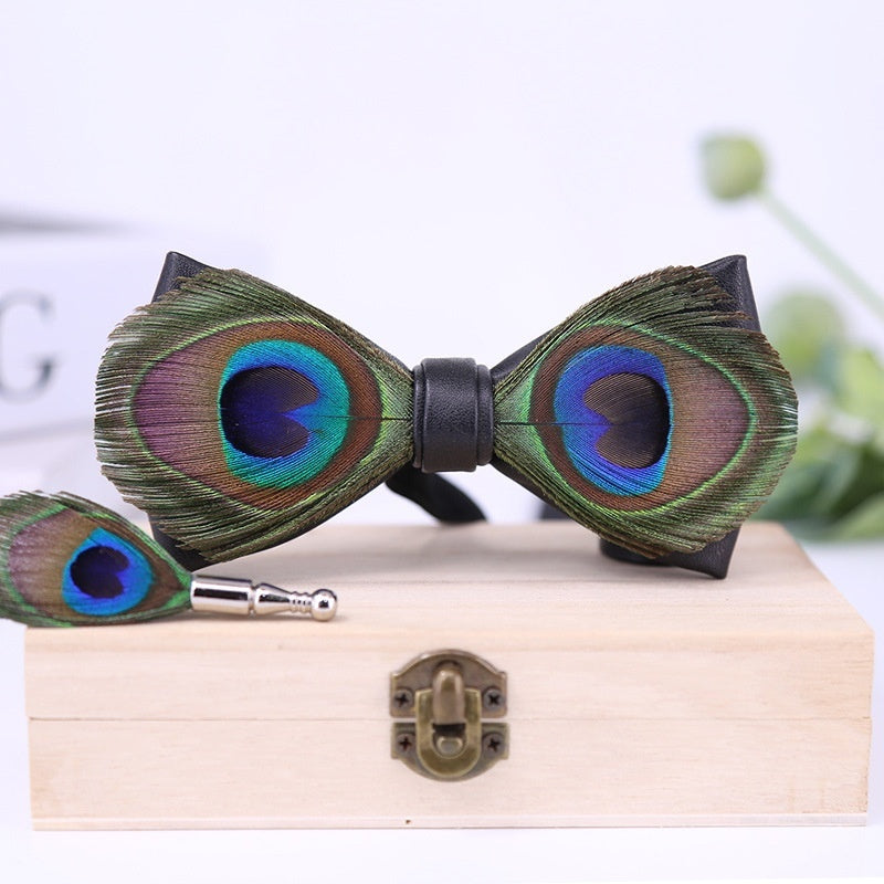 Men's Bow Tie, Peacock Big Eyes Blue Feather