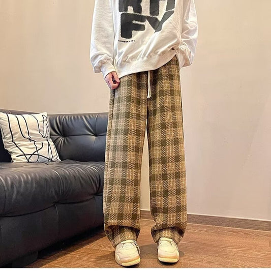 Vireous Bright Plaid Straight-Leg Drapey Casual Men's Trousers
