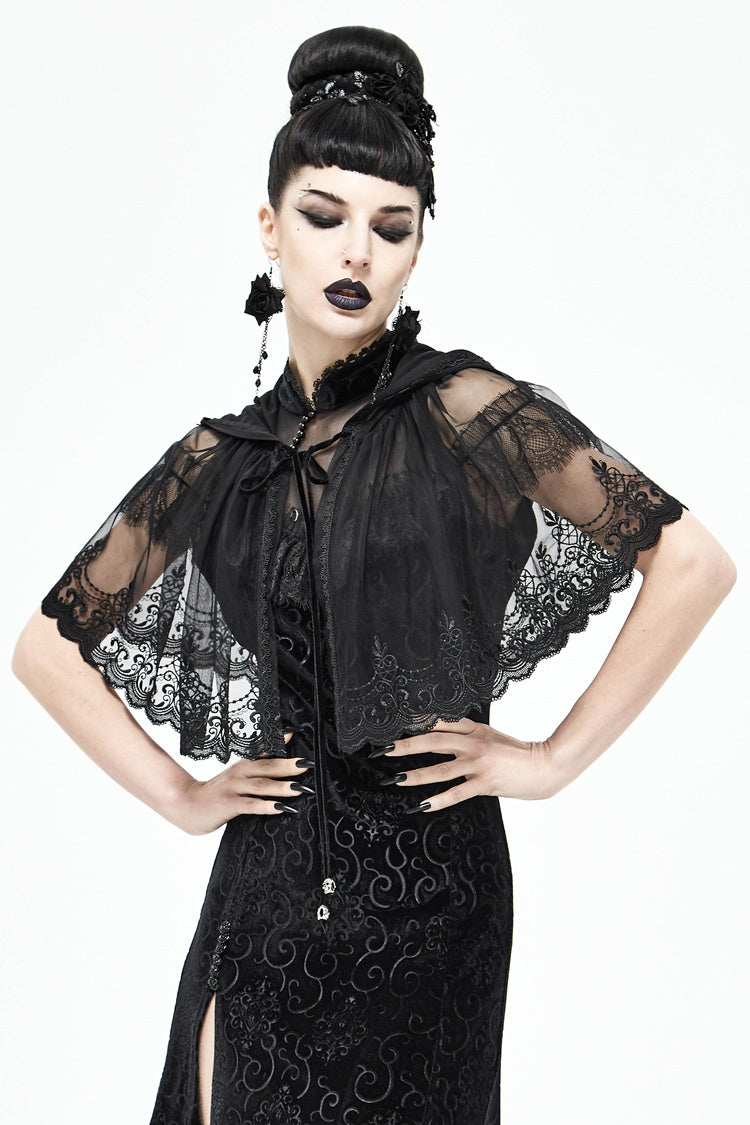 Gothic Fashion Womenswear Dark Lace Mesh Hooded Cloak