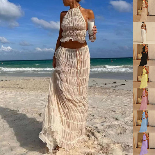 Vireous Two-Piece Ruffled Women's Summer Halter Dress