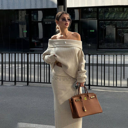 Ribbed Knit Fashion Off-Shoulder Sweater and Skirt Two-Piece