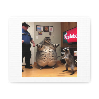 Fat Cat and Raccoon Trying to Use Fake Coupons in Applebee's 'Designed by AI' Art Print on Canvas