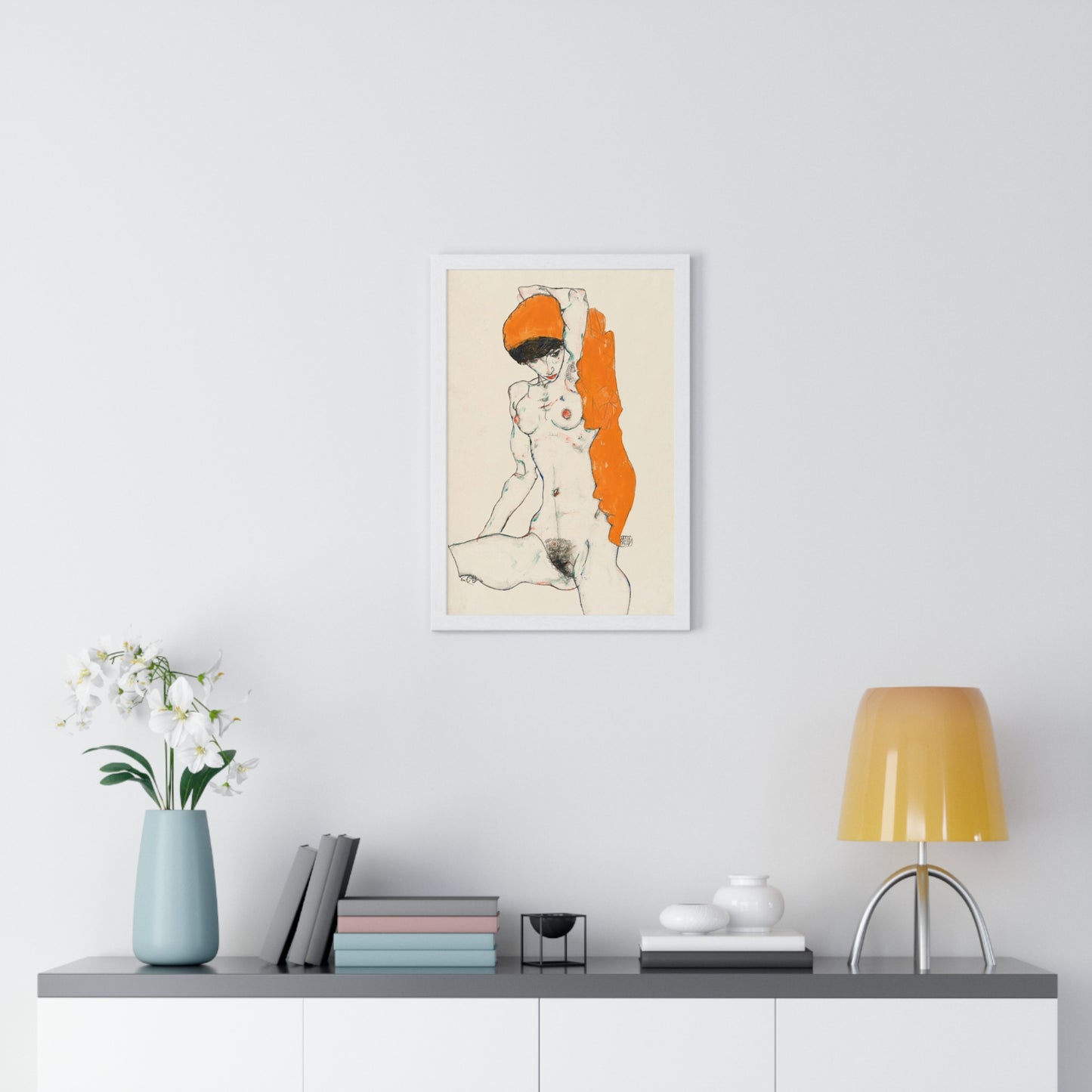 Standing Nude with Orange Drapery (1914) Line Art by Egon Schiele from the Original, Framed Art Print