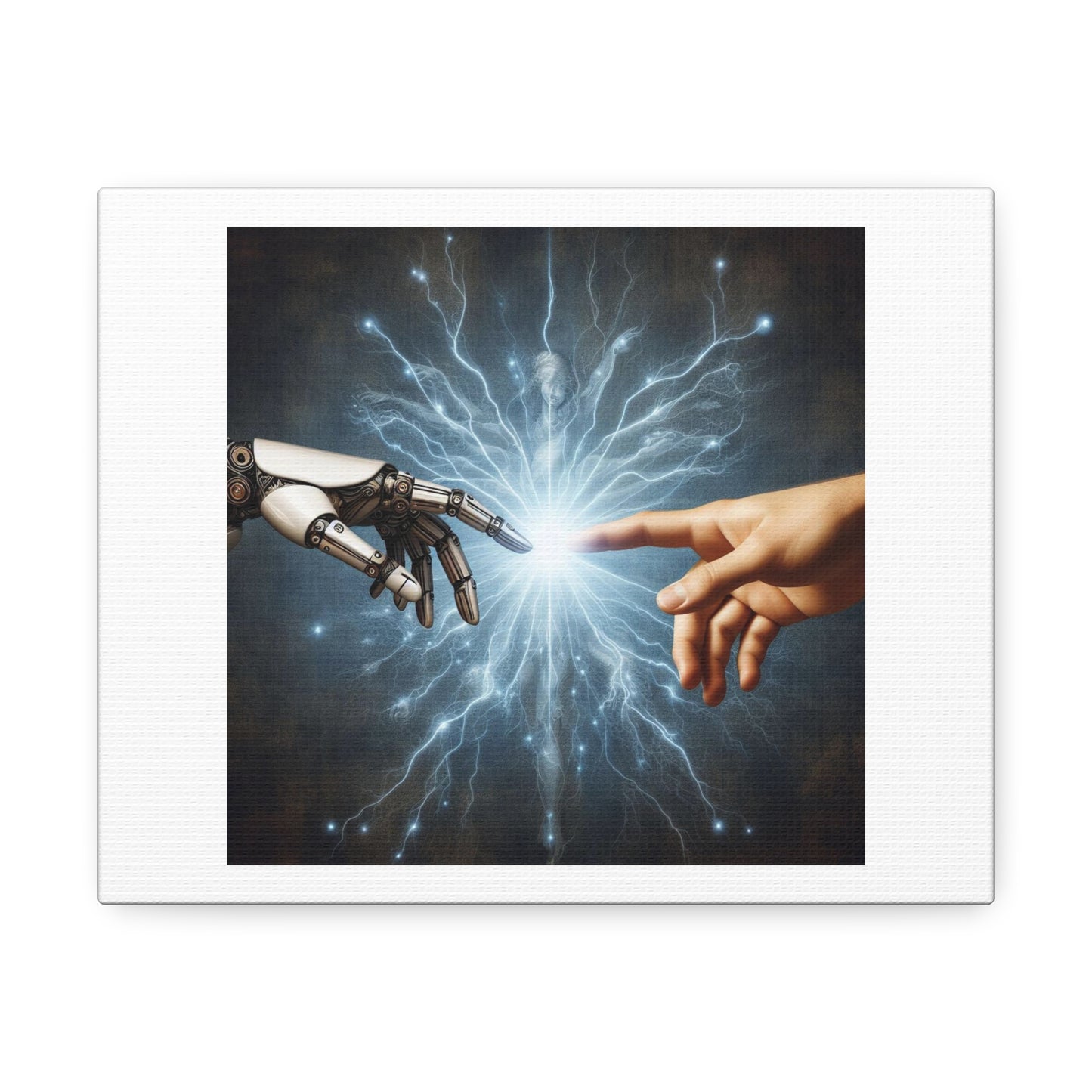 Robot and Human in Michelangelo's 'Creation of Adam' II, Art Print 'Designed by AI' on Canvas