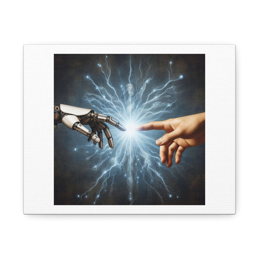 Robot and Human in Michelangelo's 'Creation of Adam' II, Art Print 'Designed by AI' on Canvas