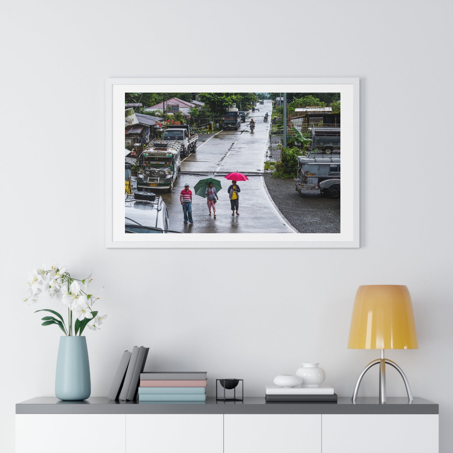 People Walking in the Rain in a Small Village, Nueva Vizcaya, Philippines (2017) Photographic Art, from the Original, Framed Print