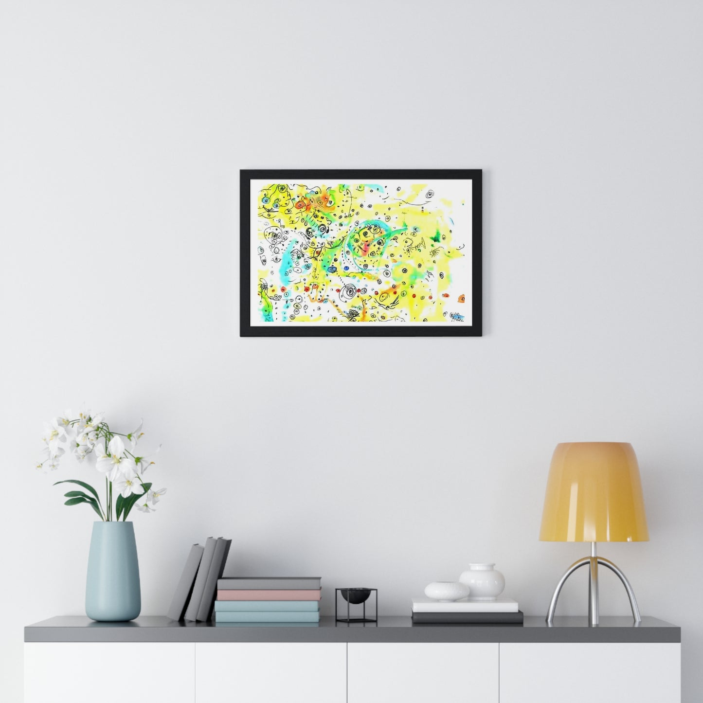 Yellow Scatter Pattern, Abstract Large Wall Art, Framed Print