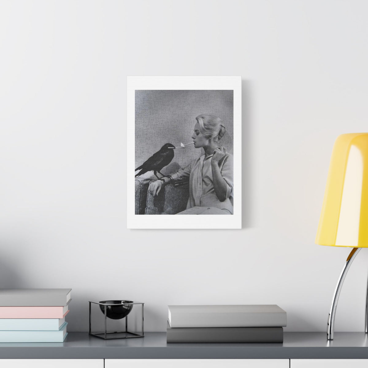 The Woman and the Raven, Retro Art Print on Satin Canvas, Stretched