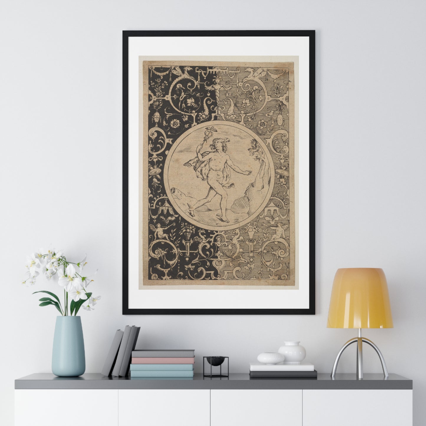 Mercury in a Decorative Frame with Grotesques (1600-1630) from the Original, Framed Art Print