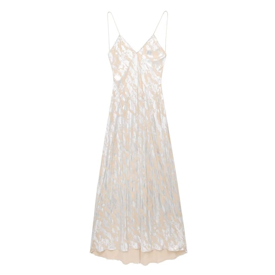 Vireous Shimmering Foil-Printed Sheer Embellished Evening Dress