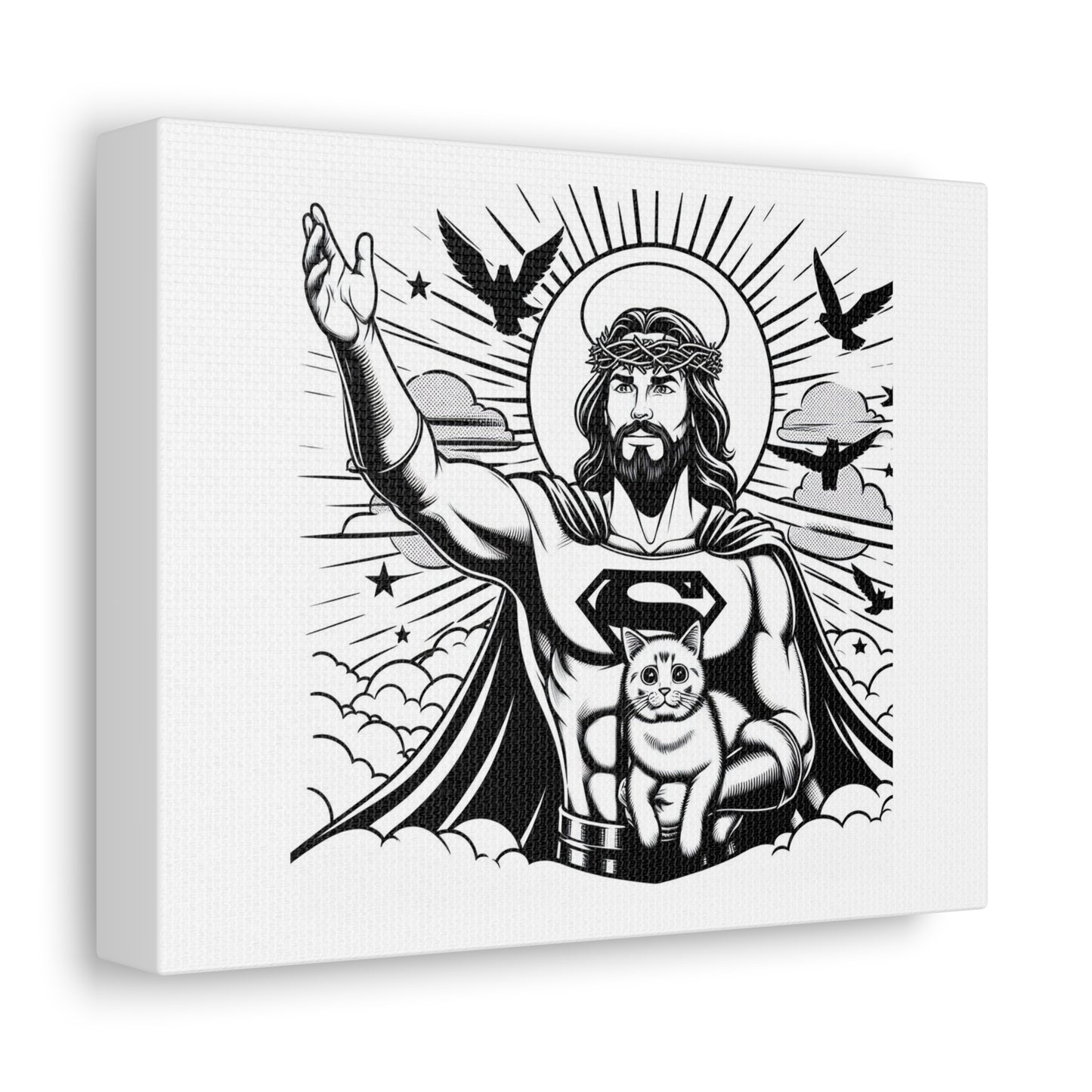 Jesus as a Superhero with a Cat on his Lap, Cartoon Art Print 'Designed by AI' on Canvas