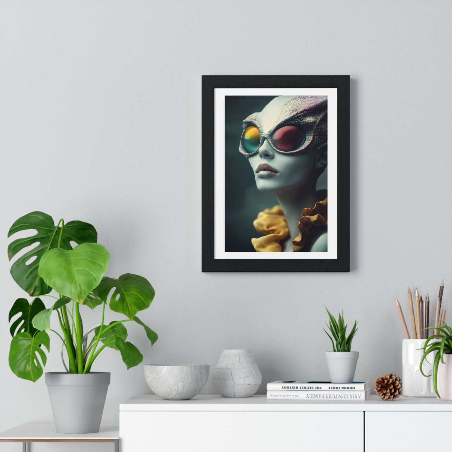 Blue Reptilian Alien, Magazine Poster Art 'Designed by AI' Framed Print