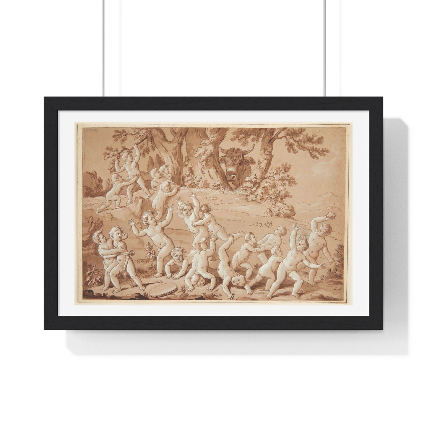 Putti Flees from a Bull, by Conrad Martin Metz, from the Original, Framed Art Print