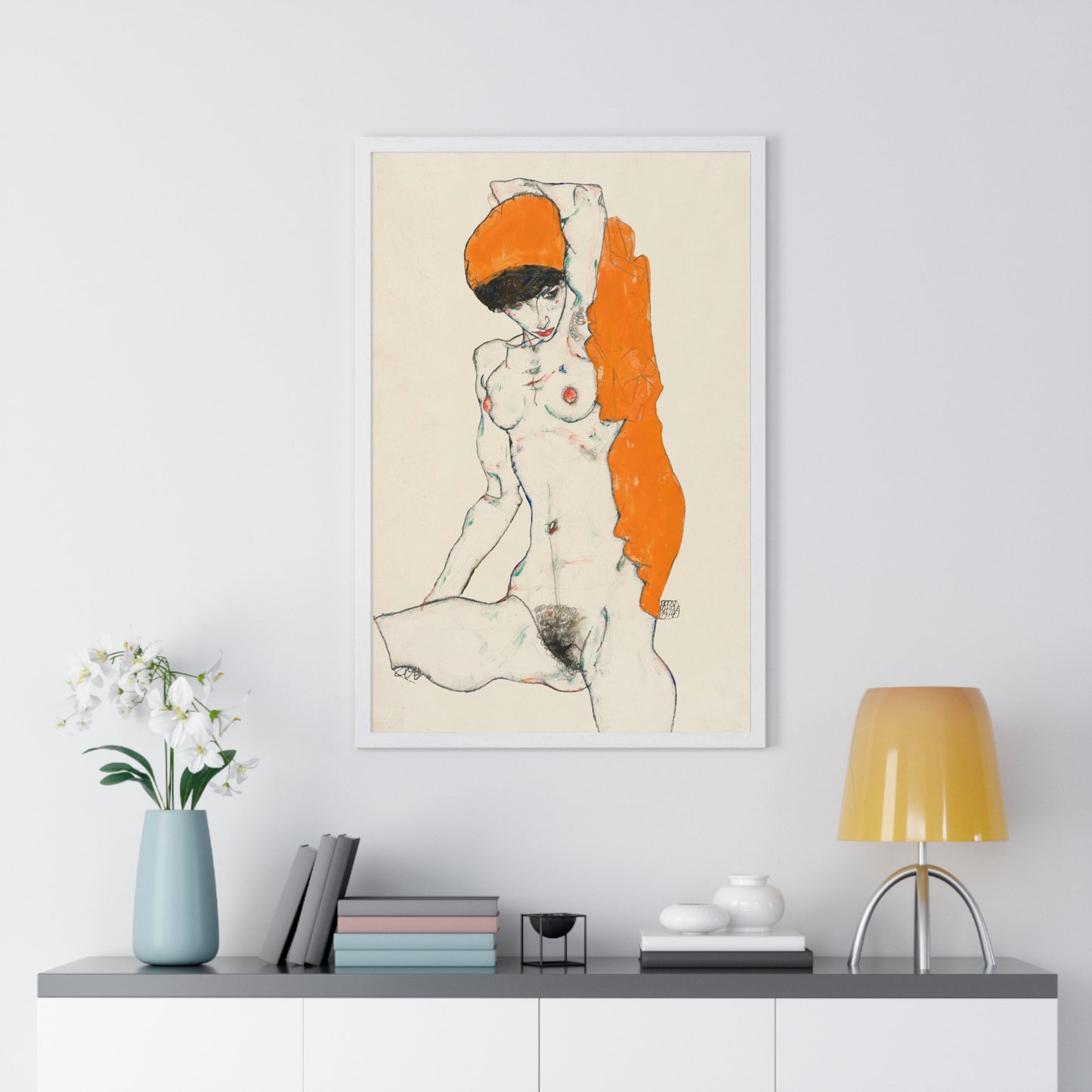 Standing Nude with Orange Drapery (1914) Line Art by Egon Schiele from the Original, Framed Art Print