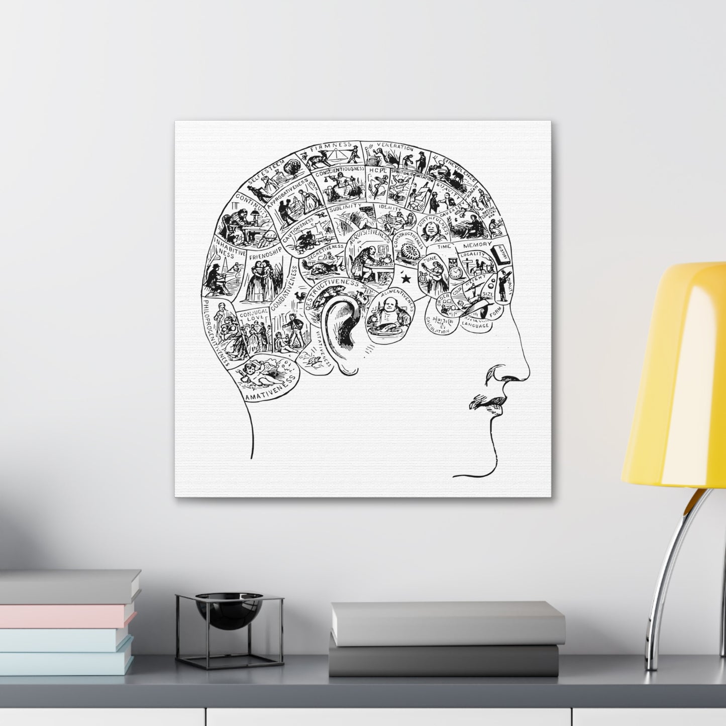 Victorian Phrenology Drawing, 'Symbolic Head Illustrating the Natural Language of the Faculties' (1890) from the Original, Print on Canvas