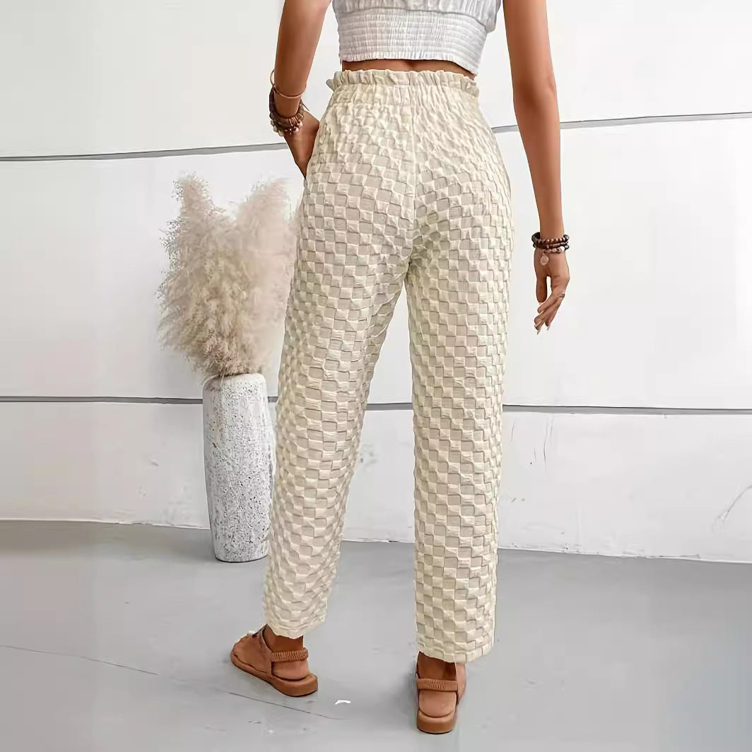 Women's Slim-Fit Buttoned Straight Loose Checker Weave Trousers