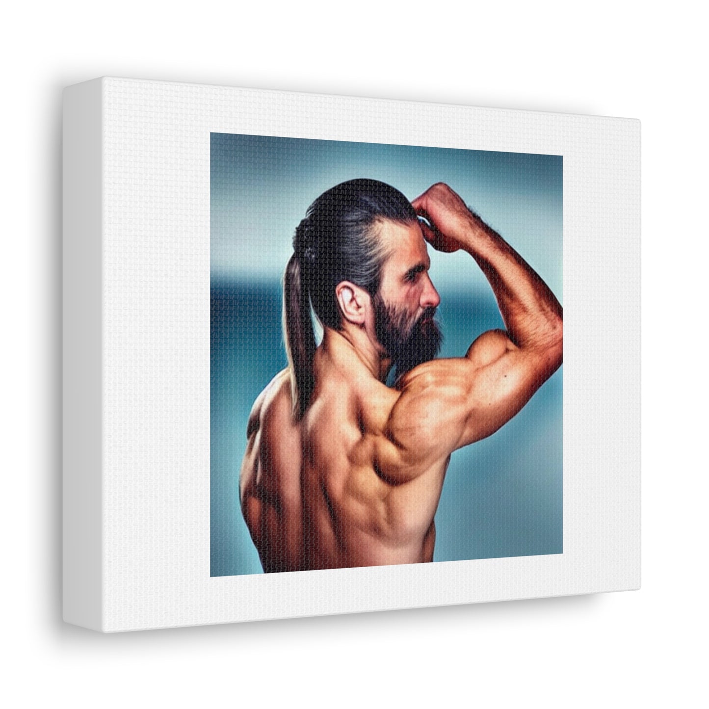 Man With Ponytail Flexing Bicep 'Designed by AI' Art Print on Canvas