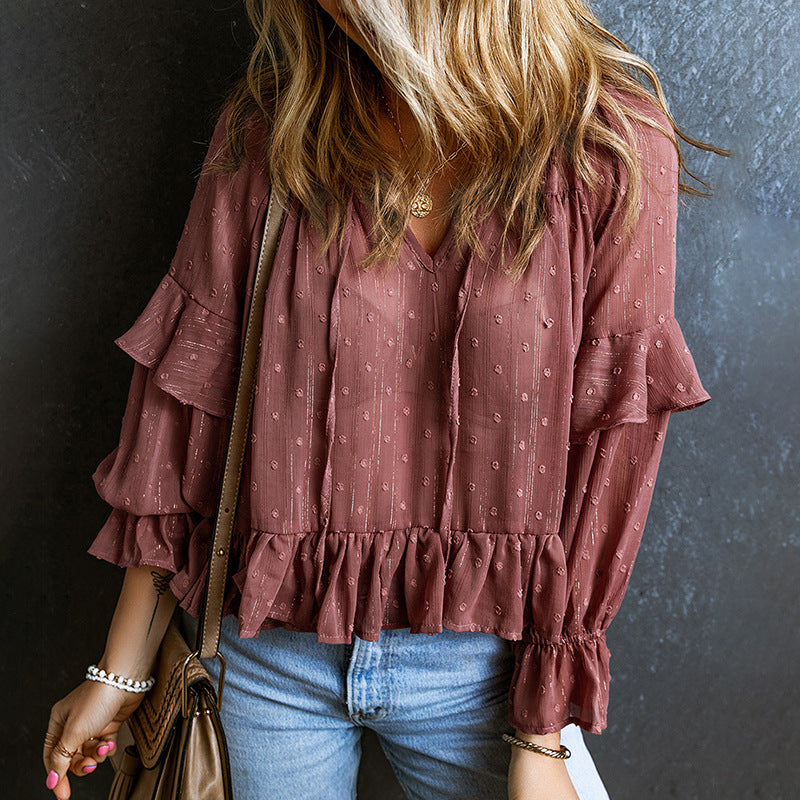 Vireous V-Neck Lace-Up Ruffled Stitching, Hipster Chiffon Top