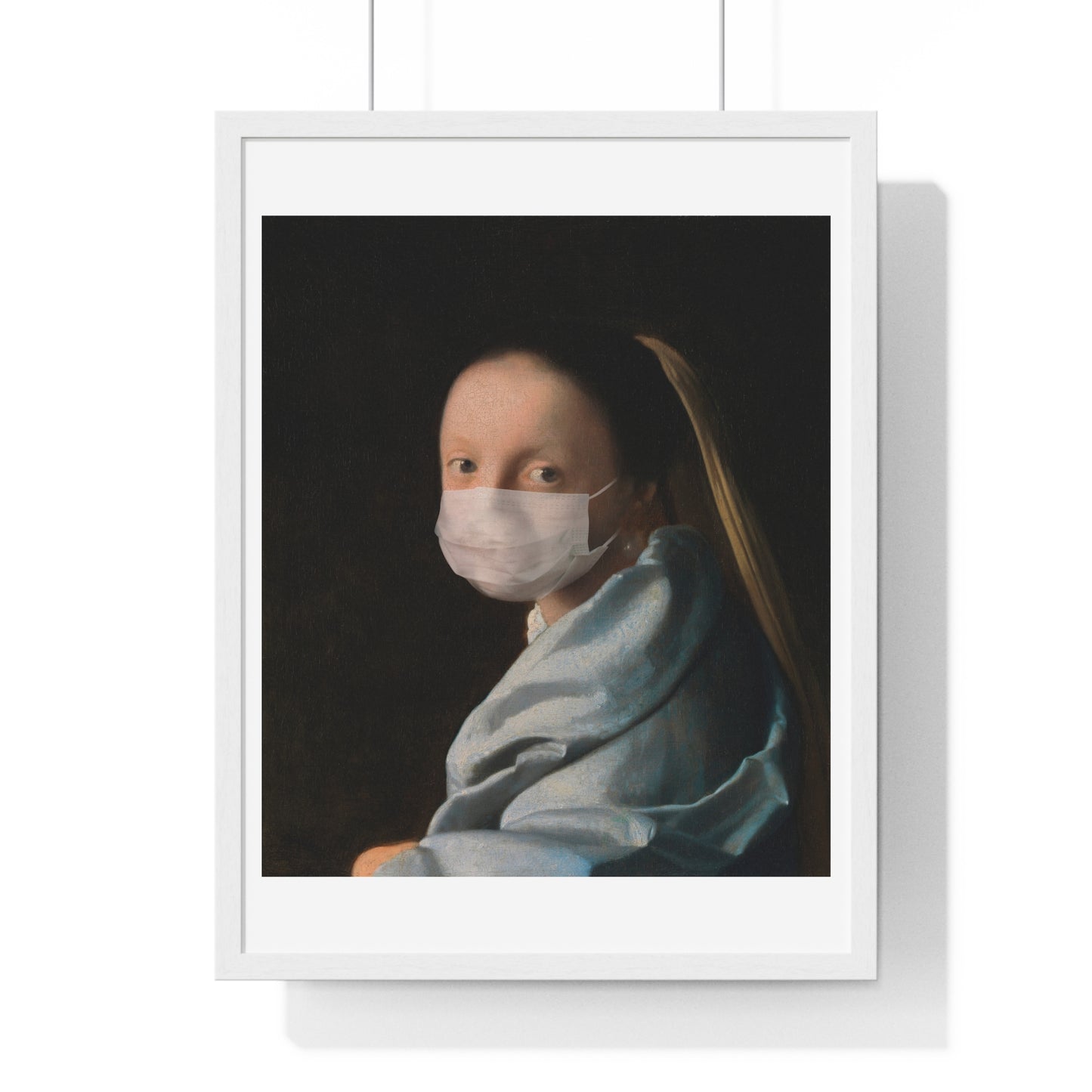 Johannes Vermeer's Young Woman Wearing a Face Mask During Coronavirus Pandemic, Remix, Framed Art Print