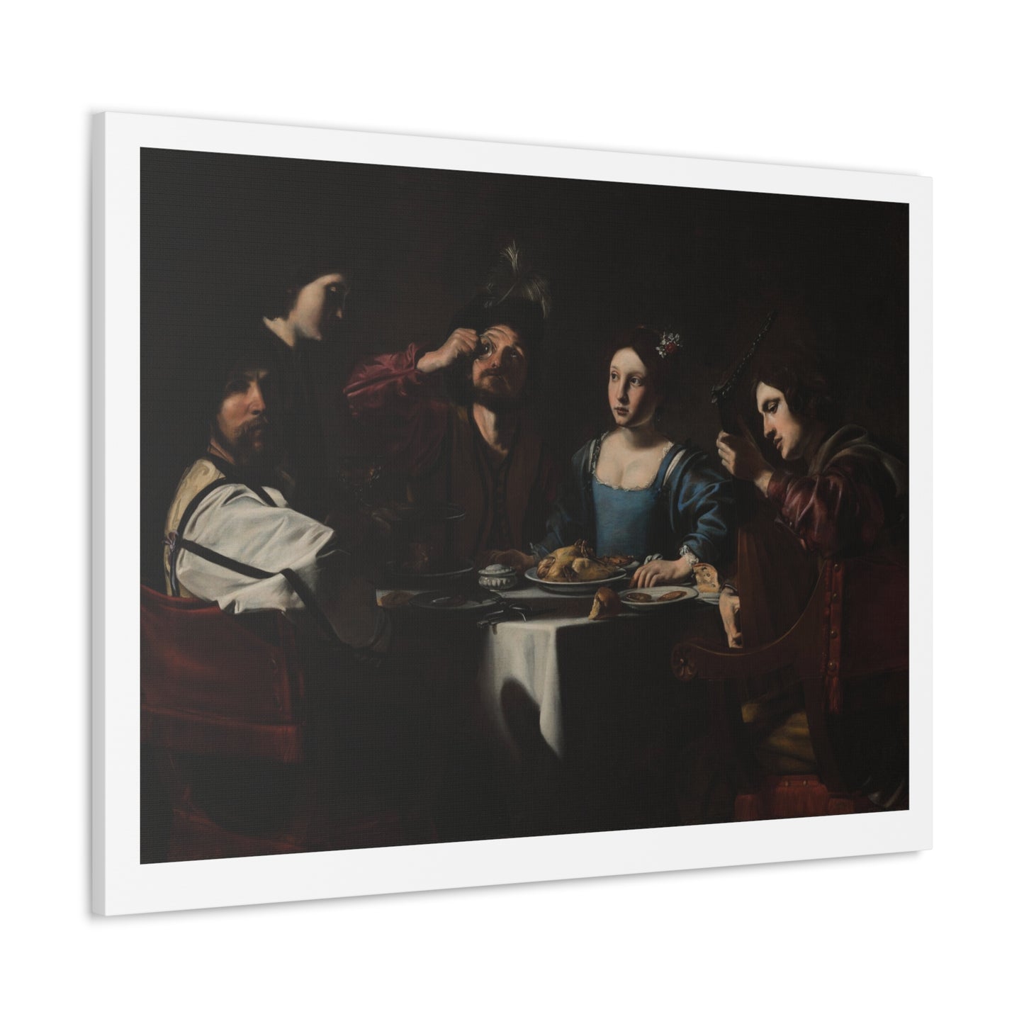 Banquet Scene with a Lute Player (1625) by Nicolas Tournier, from the Original on Satin Canvas