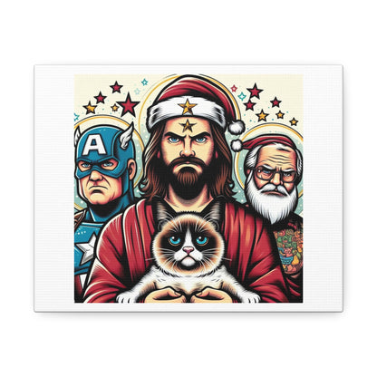 Jesus as a Superhero with a Cat on his Lap II, Cartoon Art Print 'Designed by AI' on Canvas