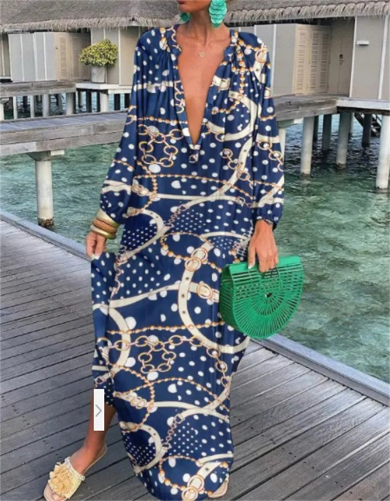 Bold Print Pullover Long Sleeve V-Neck Long Loose Dress, Spring and Summer Collection