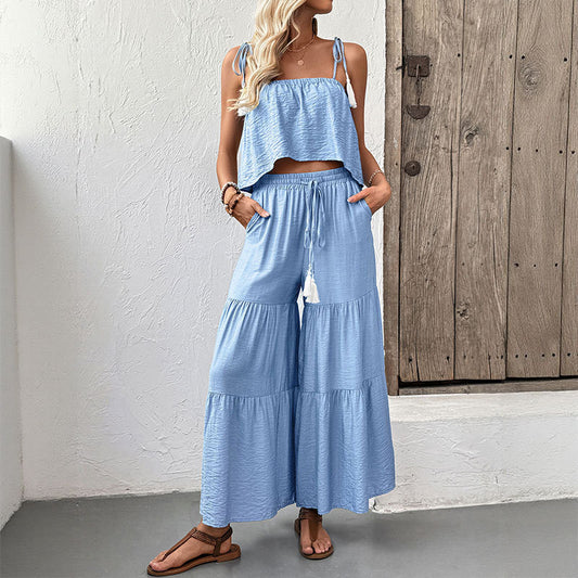 Women's Strappy Top and Wide-Leg Pants Set, Textured Summer Resortwear