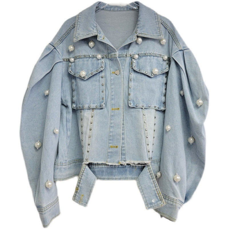 Vireous Fashion Pearl Encrusted Women's Denim Coat