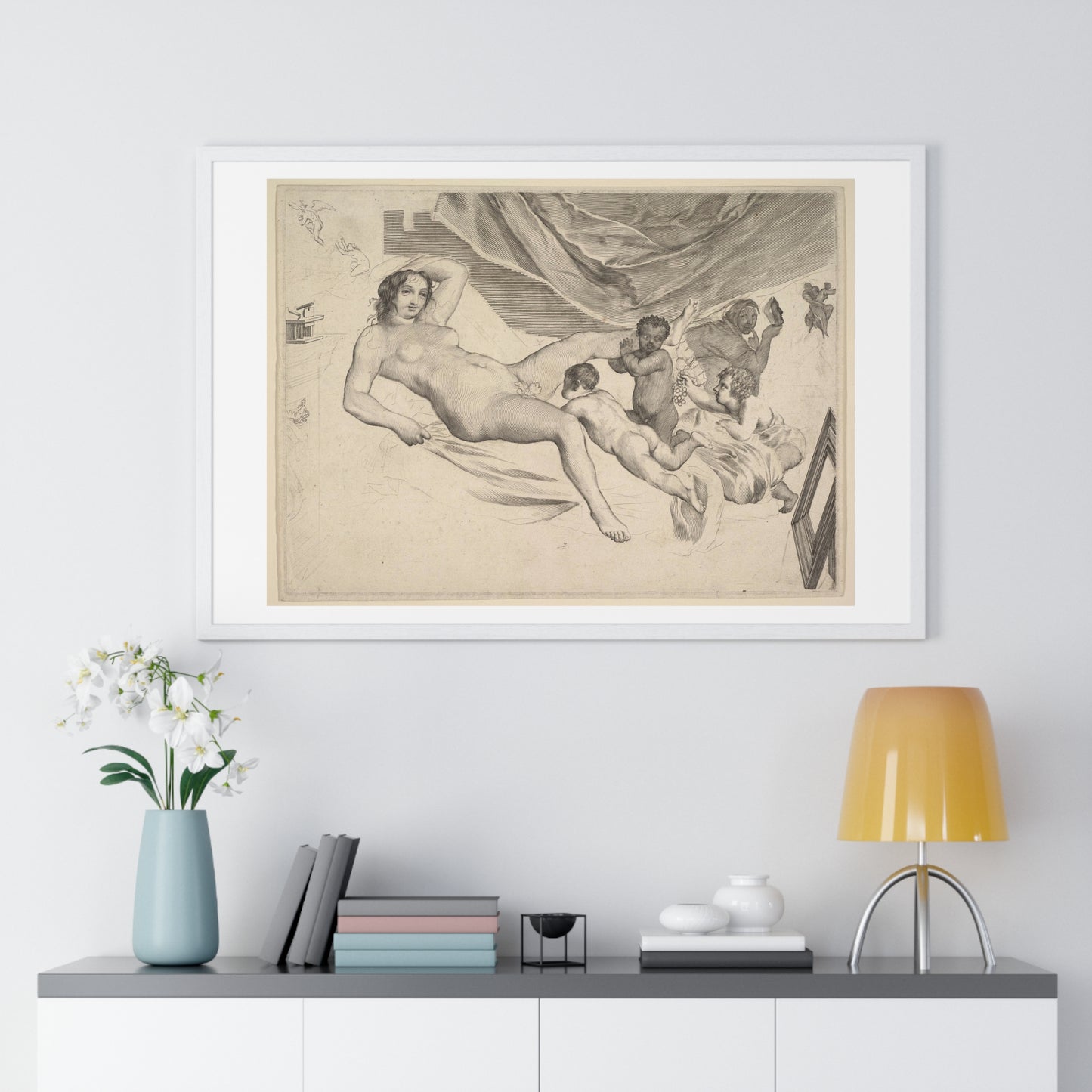 Allegorical Subject: Nude Woman, Three Children and a Mousetrap 'La Sourcière' by Claude Mellan, from the Original, Framed Art Print