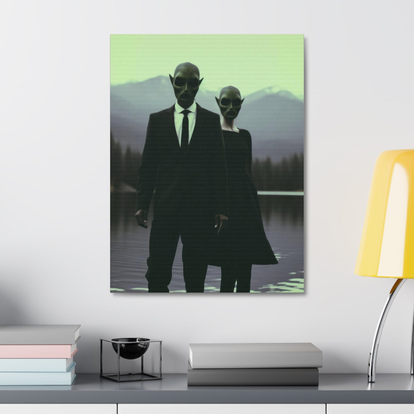 Couple Wearing Alien Mask, Sunglasses Photorealism in Silhouette 'Designed by AI' Art Print on Canvas