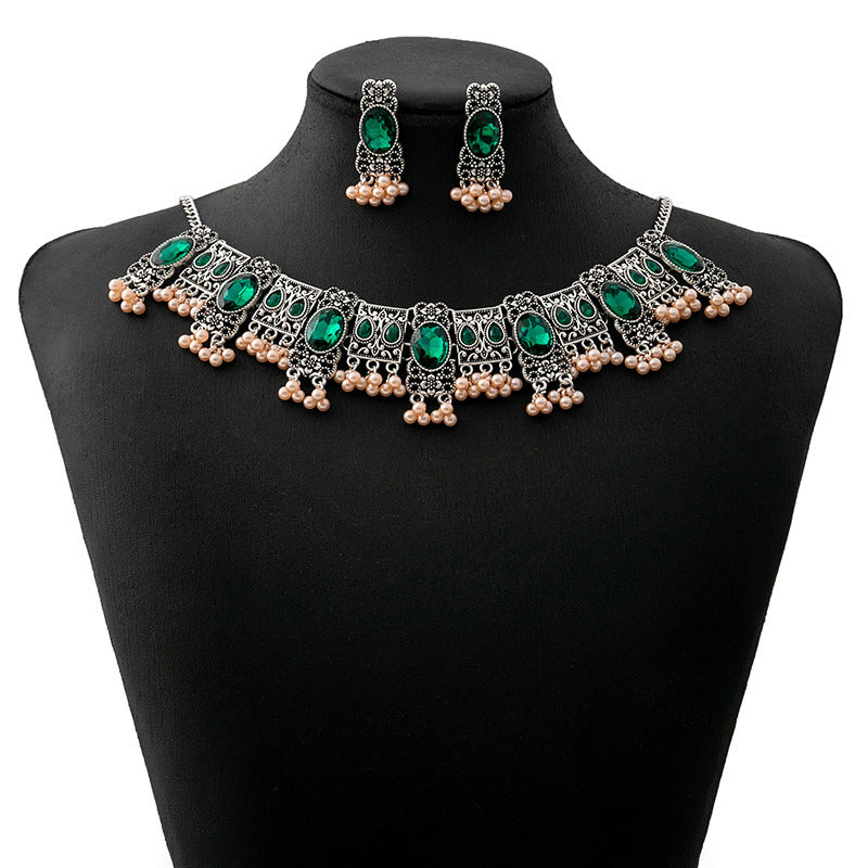 Vintage Emerald Earrings, Ethnic Style, Square Tassel Bead Pendant Jewellery Set
