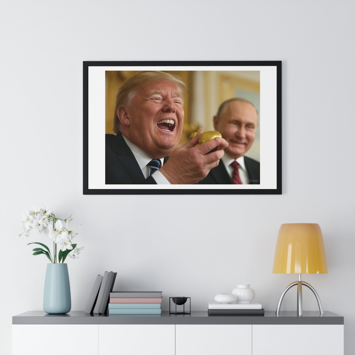 Putin, Trump and the Legend of the Golden Egg II, Abstract Art 'Designed by AI' Framed Print