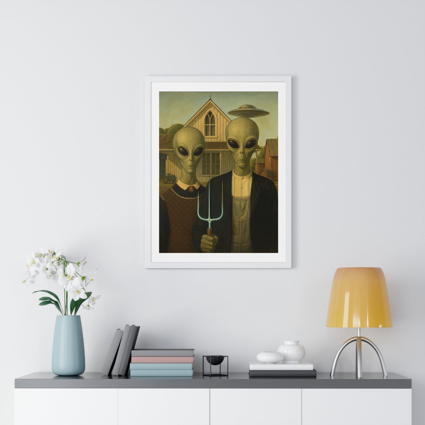 American Gothic Remixed, Midwestern American Aliens 'Designed by AI', Framed Art Print