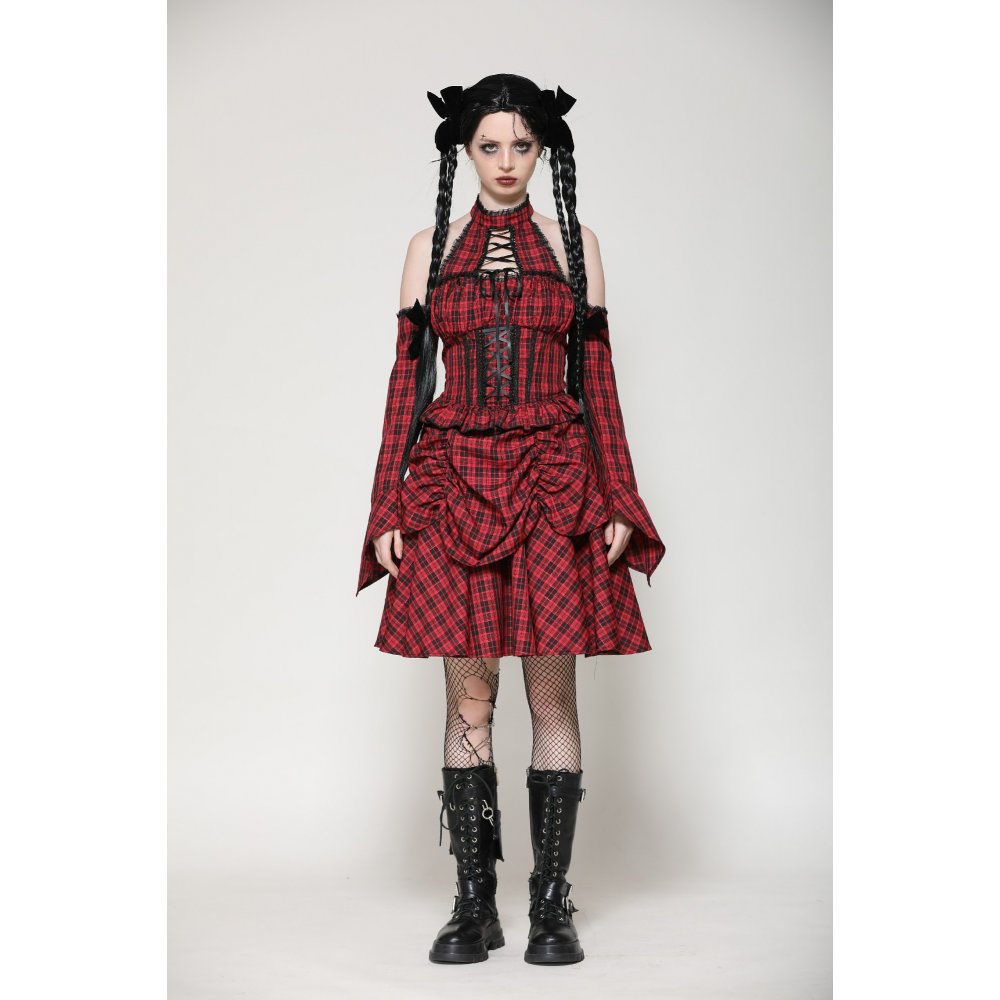 Dark in Love Rosalind Black and Red Tartan Cold Shoulder Halter Neck Dress