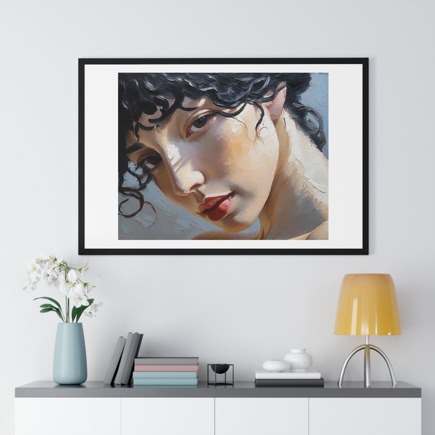 Female Portrait, Vibrant Multi-Coloured Palette Knife Painting 'Designed by AI' Framed Art Print