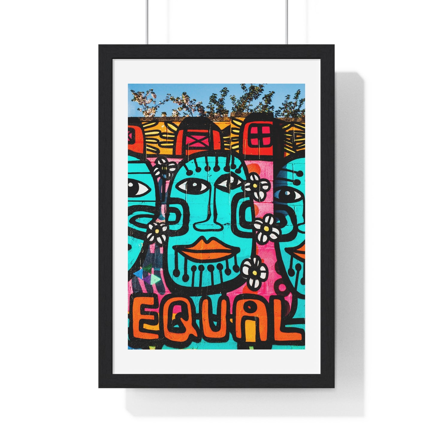 Brightly Coloured Urban Graffiti Mural Artwork, Tribal Faces (2017) Location Unknown, Framed Art Print