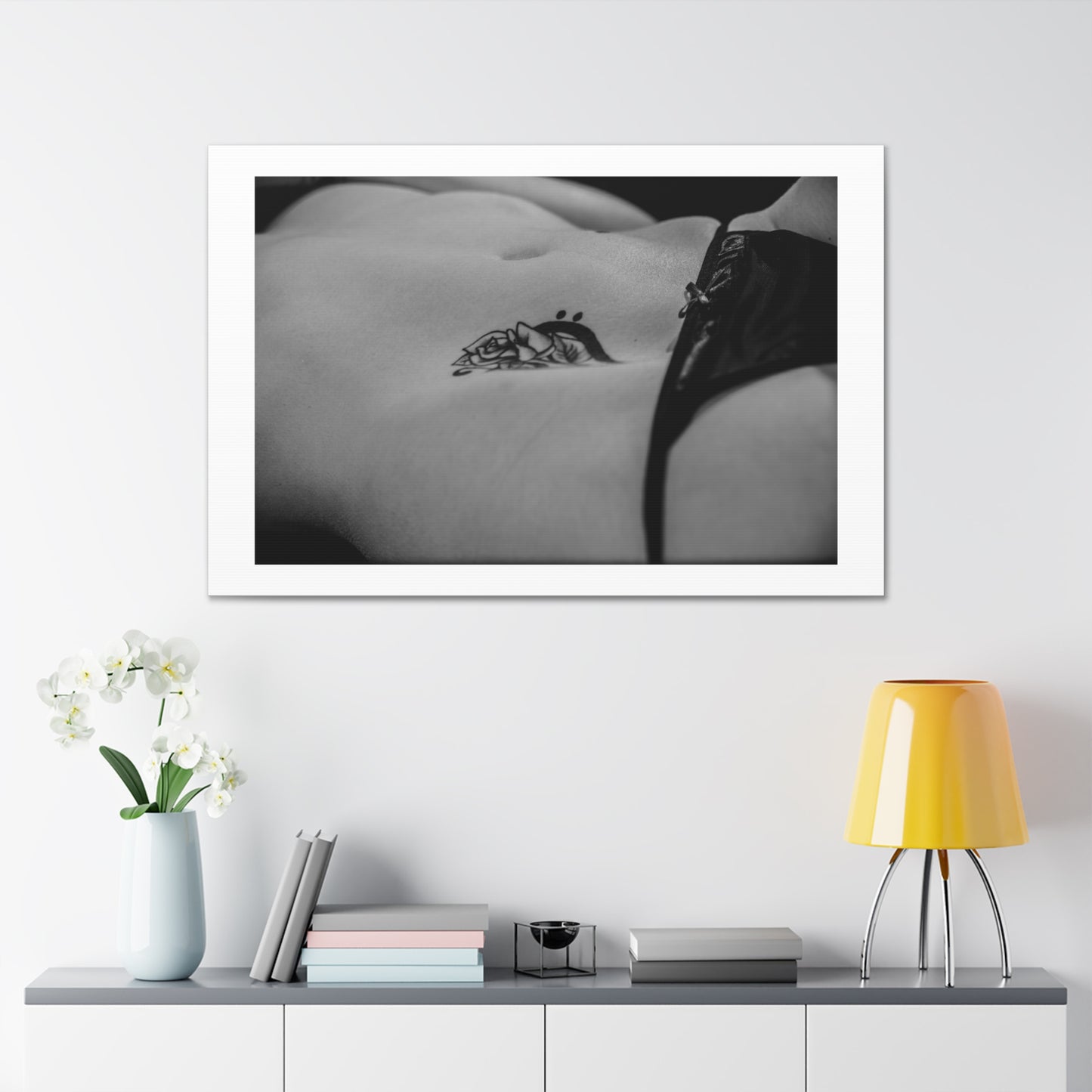 Rose Tattoo on Belly Black & White Photographic Art Print on Satin Canvas